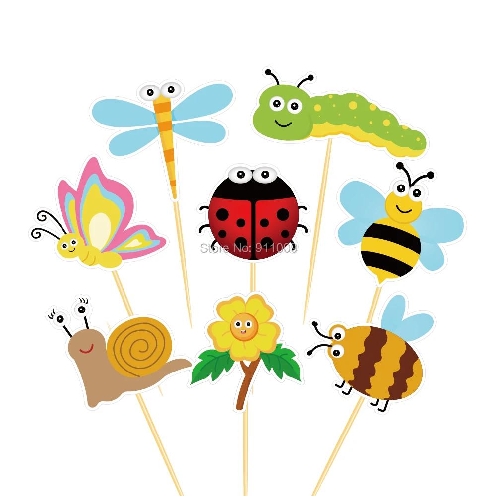 생일 축하 나비 케이크 토퍼, 봄 곤충 테마 파티 장식, 잠자리 꿀벌 무당 벌레 컵케이크 토퍼, 파티 용품
